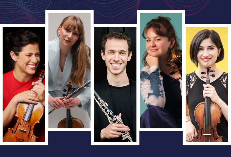 Five musicians in individual rectagular portraits arranged slightly offset along the vertical axis. Each musician holds their instrument and is looking at the camera smiling.