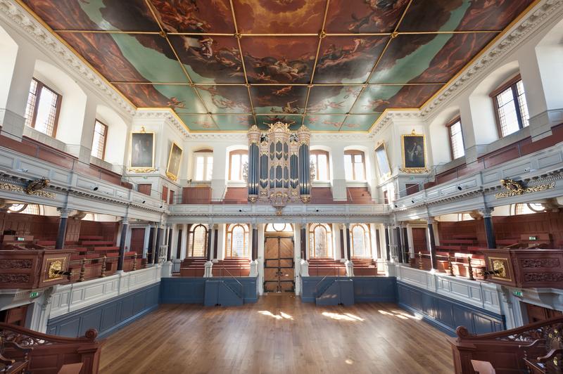 High central view of the Sheldonian Theatre auditorium with Robert Streater's painted ceiling