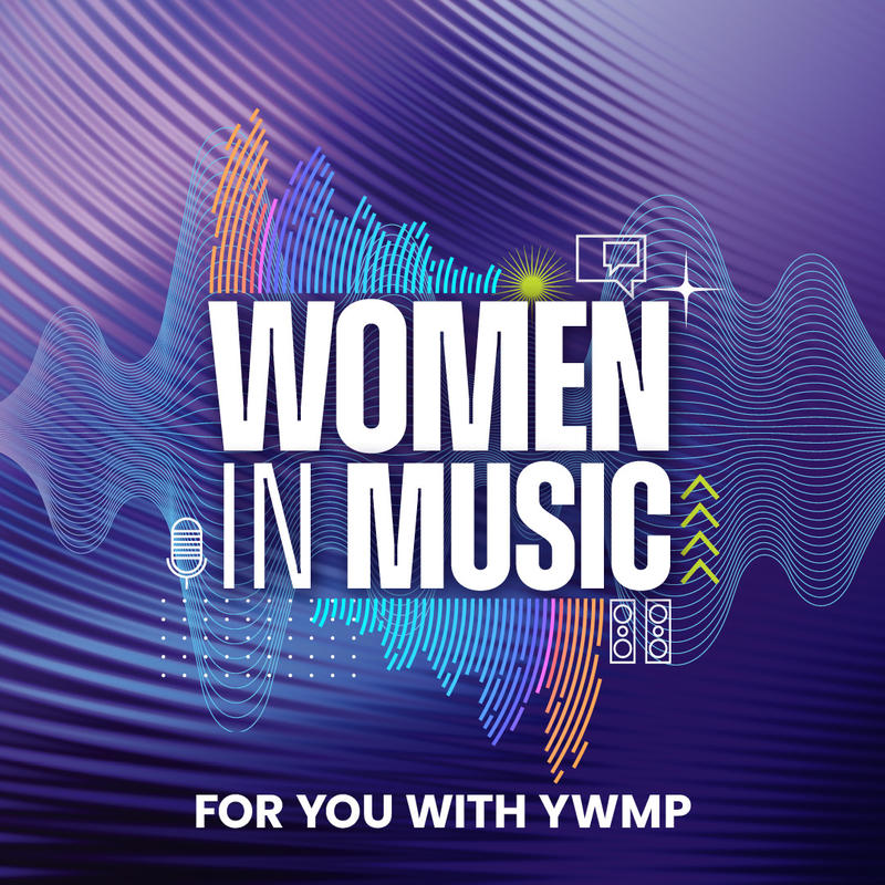 event poster with colourful sound waves and frequencies behind the main title of 'women in music'