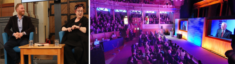 A collage of two photos of events at the Sheldonian: Jo Brand and Matt Stadlen sitting on the stage during a live interview; an audience watching a video live stream