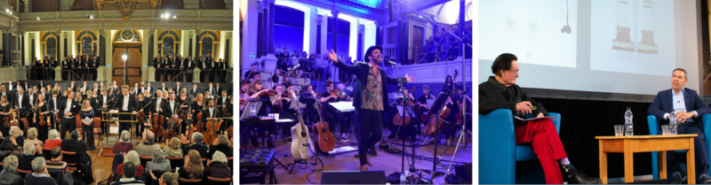 Collage of three photos of events at the Sheldonian Theatre: a large orchestra standing for applause; a male singer performing with an orchestra; Jeff Koons sat on the stage during a live interview