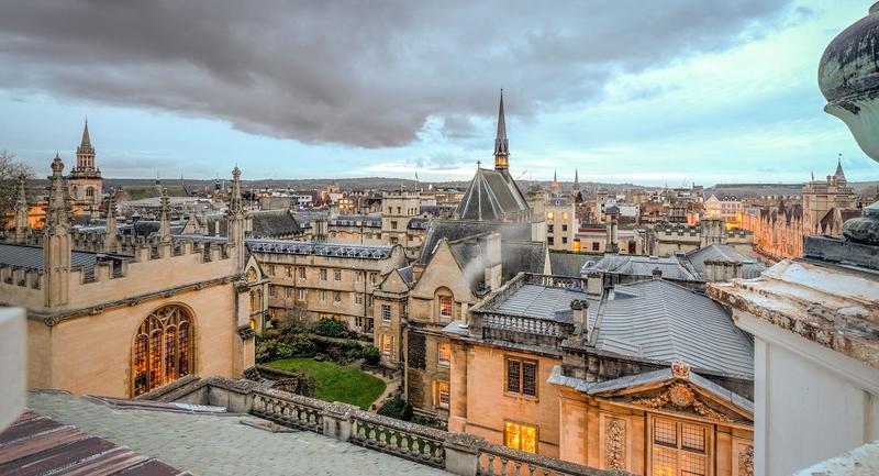Photo of a stormy skies over the Oxford skyline, taken from the Sheldonian