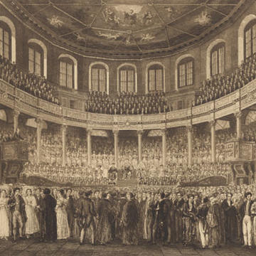 Image of a historical engraving of the interior of Sheldonian Theatre