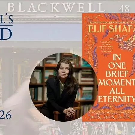 Orange book on righthand side of page with circular image of a female author in the middle on a background of Blackwells bookshop